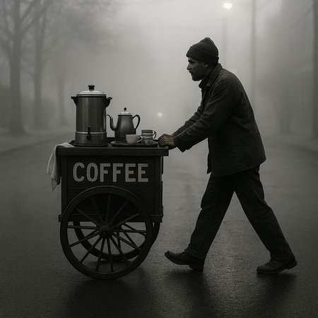 A man is standing near a coffee cart in a foggy morning.の写真素材