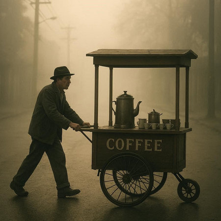 Vintage street vendor with coffee cart in the foggy morning.