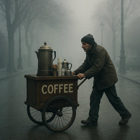Street vendor with coffee cart in the misty foggy morning.