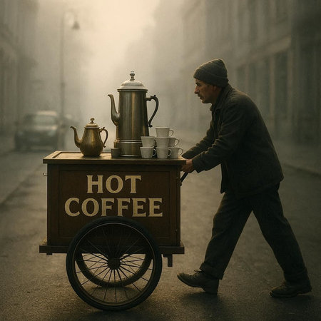 Street vendor with a hot coffee on the street in the fog.
