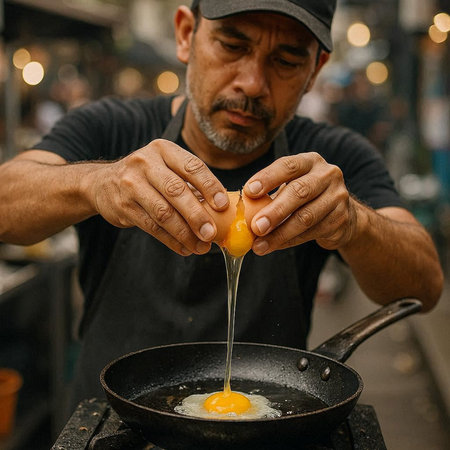 Close-up of a man preparing fried egg in a frying panの写真素材