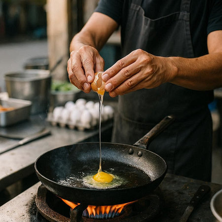 Hands of chef cooking fried egg on frying pan at street foodの写真素材