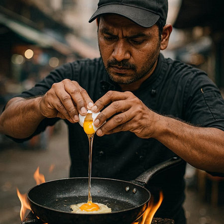 Handsome Indian man cooking fried egg in a frying pan on the street.