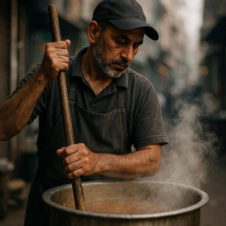 Old man in cap and black t-shirt cooking soup in the street.
