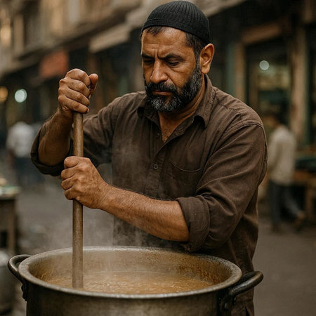 Bearded Indian man in a brown shirt and black hat is cooking in a big pot on the street.