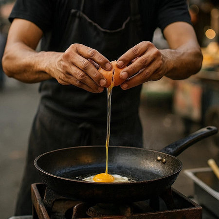 Chef cooking fried egg in a frying pan on a street food market