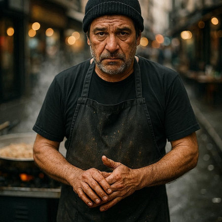 Portrait of an elderly man in a black T-shirt and a black cap on a city street.