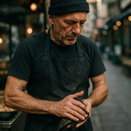 Portrait of an elderly man in a black T-shirt and a black hat in the city.