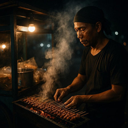 A street vendor in a black t-shirt and a hat is grilling meat on a skewer in the night.