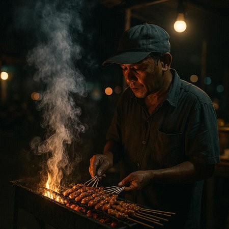 A man is grilling chicken on the street in the evening.