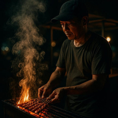 A man in a cap roasts sausages on a spit.
