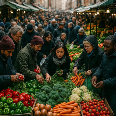 People buying fresh vegetables at Prague market.の写真素材