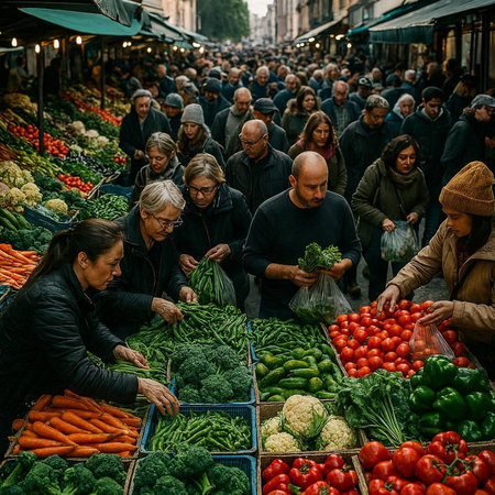 Unidentified people buying vegetables at a market in Prague, Czech Republic.の写真素材