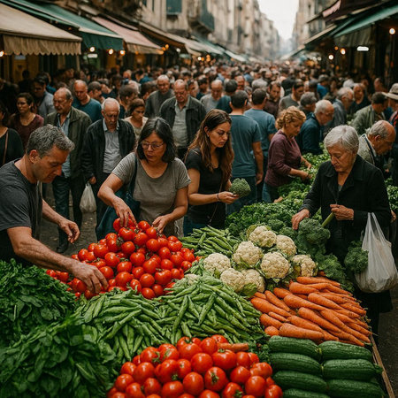 Unidentified people buying vegetables at the street marketの写真素材
