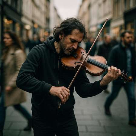 Street musician playing the violin in the old town of Lviv, Ukraineの写真素材