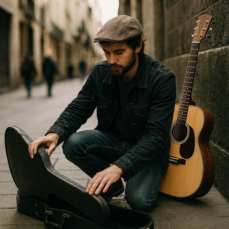 Handsome street musician sitting on the ground and playing guitar.