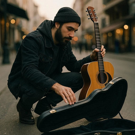 A young man in a black jacket and hat sits on the street and plays the guitar.