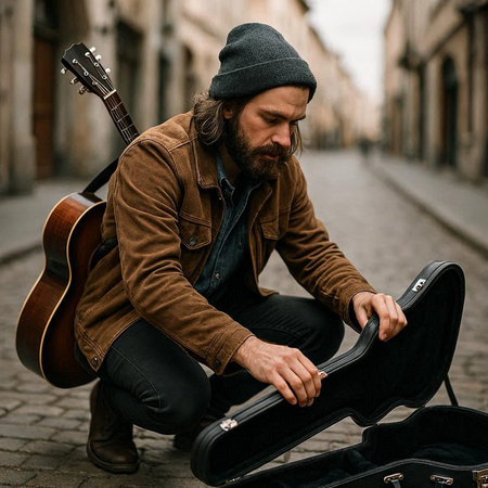 Handsome bearded hipster man in a hat sitting on the street and playing guitar