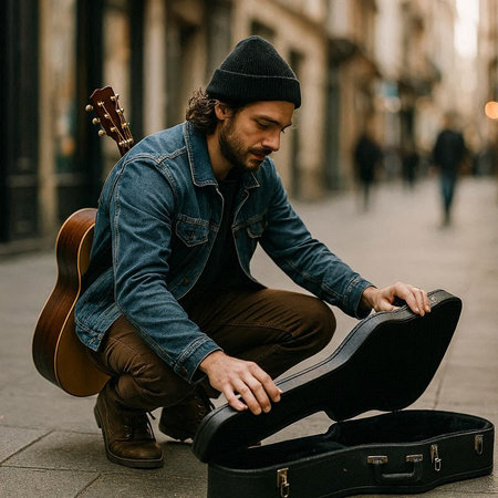 Handsome young man sitting on the street and playing guitar.
