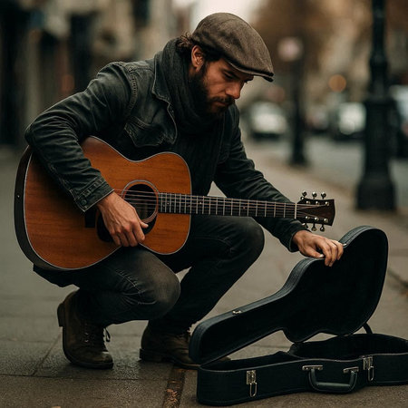 Handsome street musician playing acoustic guitar in the city street.