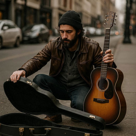 Street musician sitting on the street and playing guitar. Street musician.