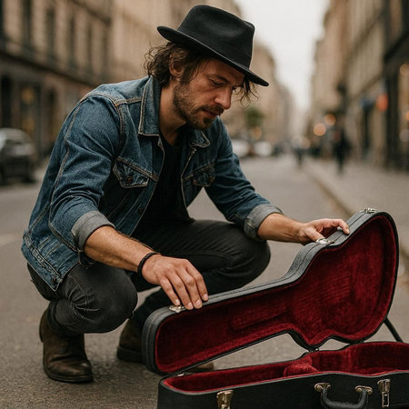 Handsome man in a hat with a guitar sitting on the street
