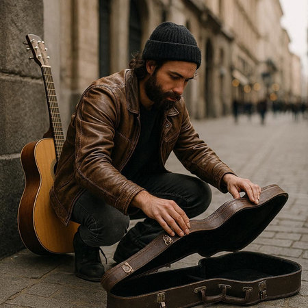 Handsome man with beard and mustache in brown leather jacket sitting on the street and playing...