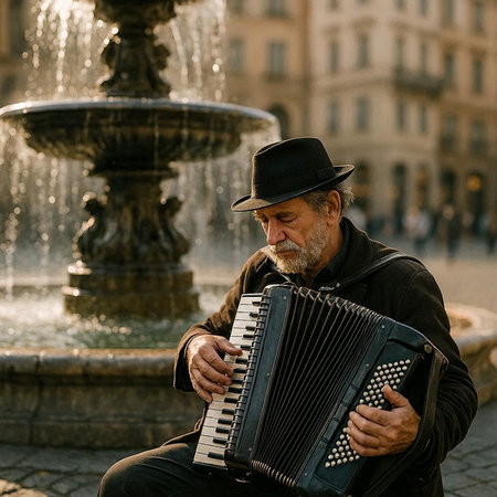 Old man playing accordion on the street in Prague, Czech Republic