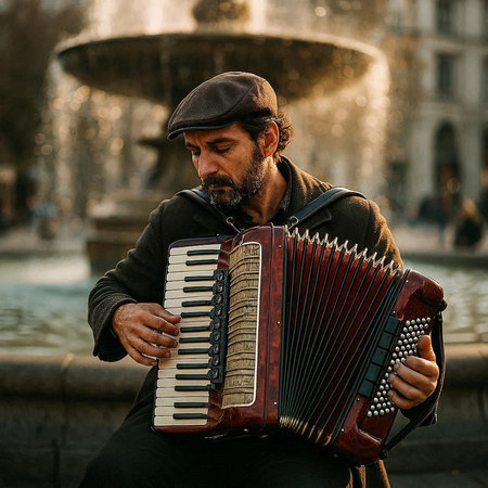 Portrait of a street musician playing accordion in the city.の写真素材