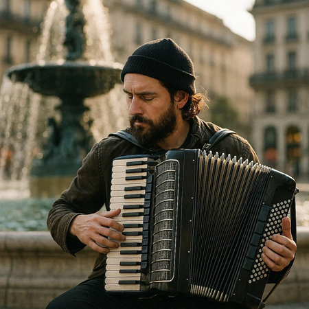 Handsome bearded man playing accordion on the street in Parisの写真素材