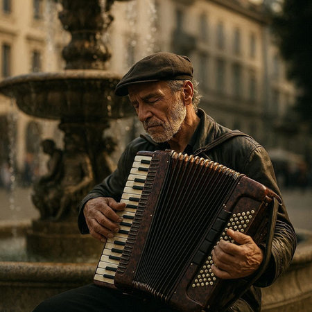 Old man playing accordion in front of fountain in Paris, Franceの写真素材