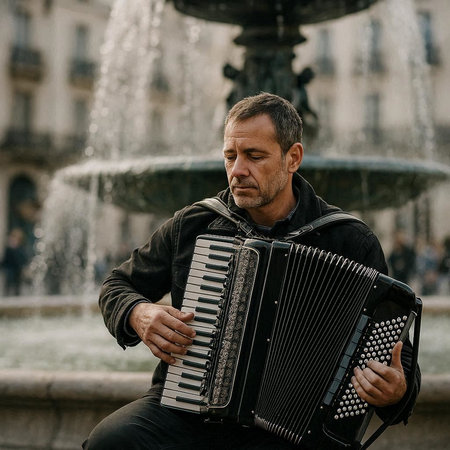 Handsome middle-aged man playing accordion in Paris, Franceの写真素材