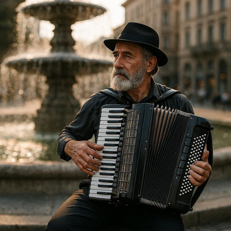 Handsome old man with a beard and mustache in a black hat playing the accordion on the street