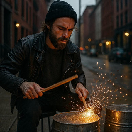 A man with a beard and mustache in a black leather jacket and hat is making firework in the street.