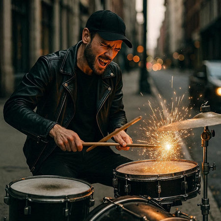 Drummer playing drums on the street. Close-up portrait of a man in a black leather jacket and cap.