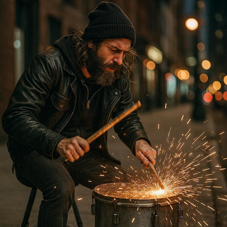 Portrait of a bearded man in a black leather jacket and hat on the street in the evening. He plays...