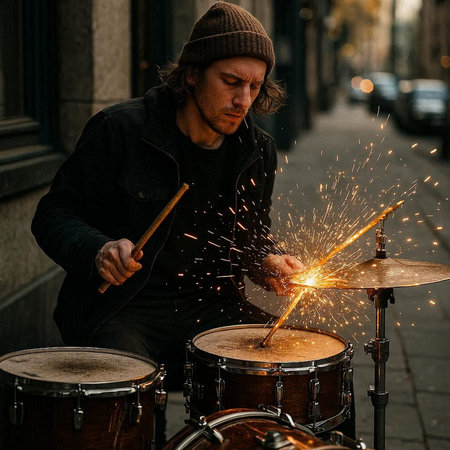 Drummer playing drums on the street in the city. Street musician.