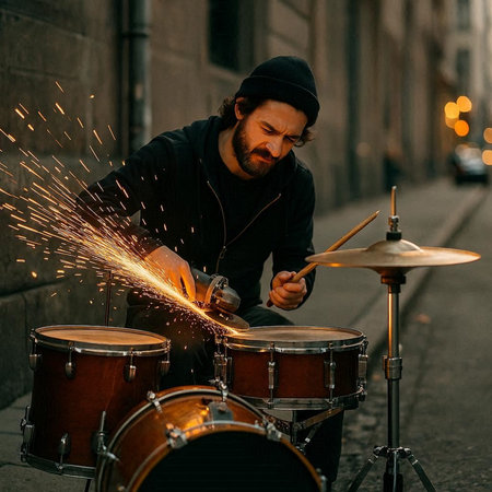 musician playing drums on the street in the city in the evening