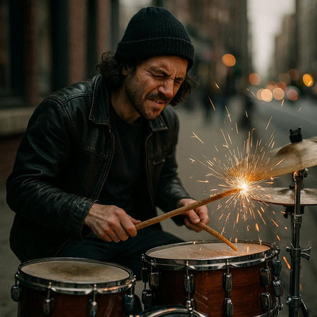 Man playing drums on the street in the evening. He is wearing a hat.