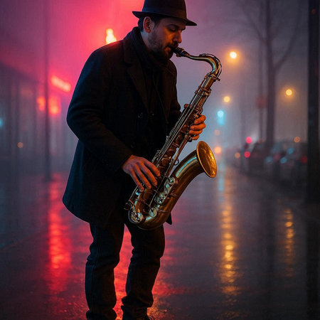 Saxophonist playing the saxophone on a foggy street at night