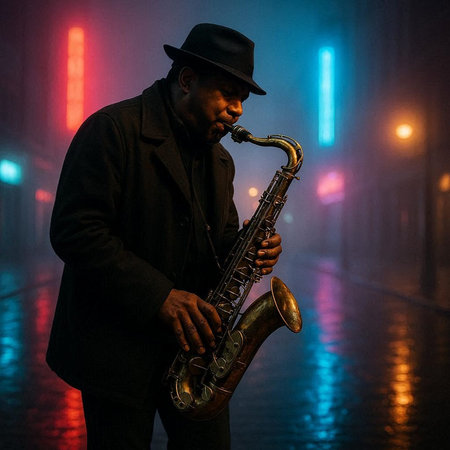 African American jazz musician playing the saxophone on the street at night.