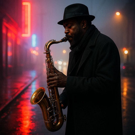African american jazz musician playing the saxophone on the street at nightの写真素材