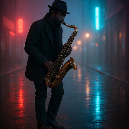 African american jazz musician playing the saxophone on a foggy night street.の写真素材