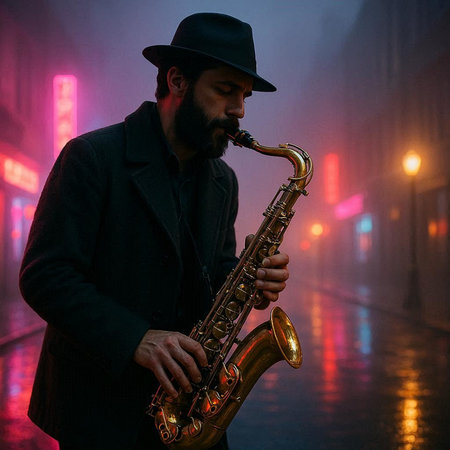 Handsome jazz musician playing the saxophone on the street in the fogの写真素材