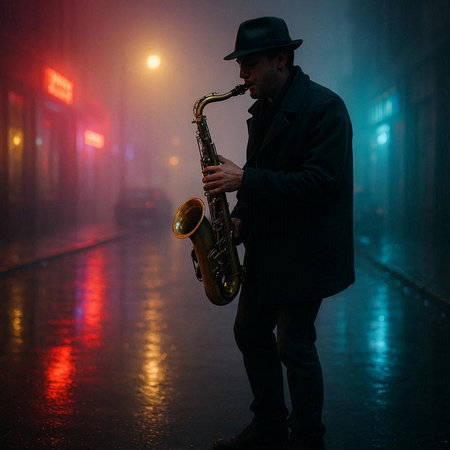 Man playing saxophone in the foggy city street at night.の写真素材
