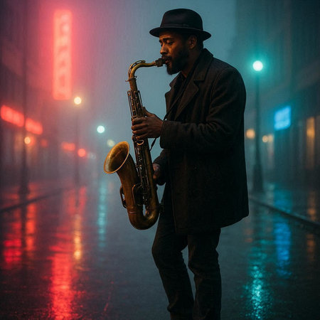 Musician playing the saxophone on a foggy street at nightの写真素材