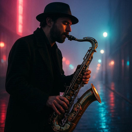 Handsome jazz musician playing the saxophone on a foggy nightの写真素材