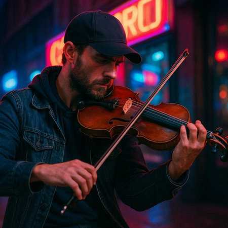 Musician playing a violin on the street in New York City.の写真素材