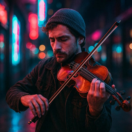 Musician playing the violin on the street in the city at night