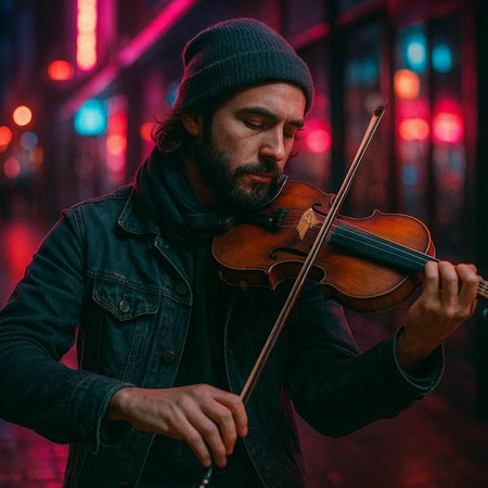 Handsome man playing violin on the street in the evening.